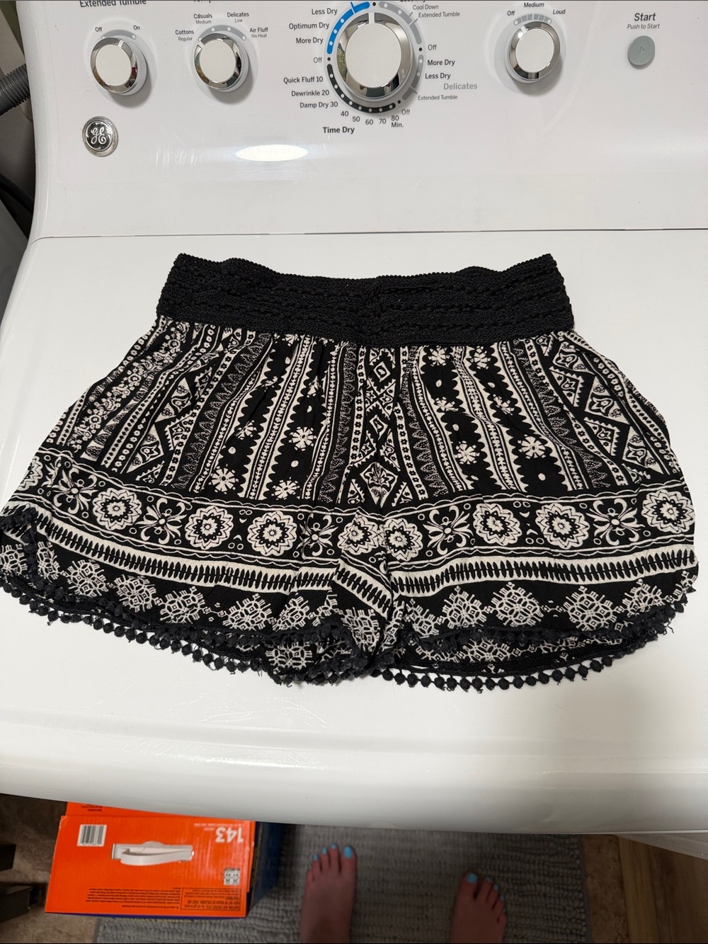 Angie Black and White Boho Pom-Trim High Waist Shorts
